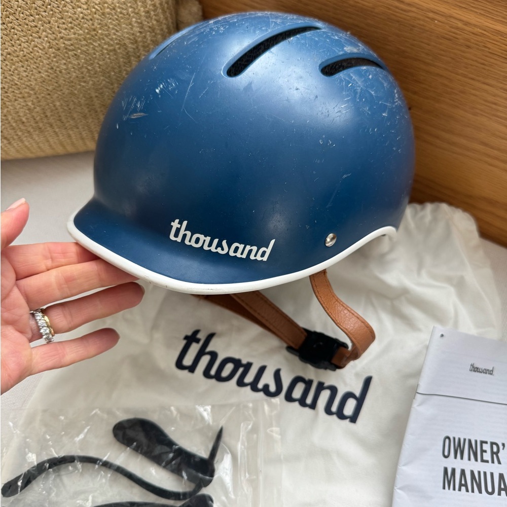 Thousand Matte Navy Helmet, White Trim, tan leather straps Youth XS 49-53 cm